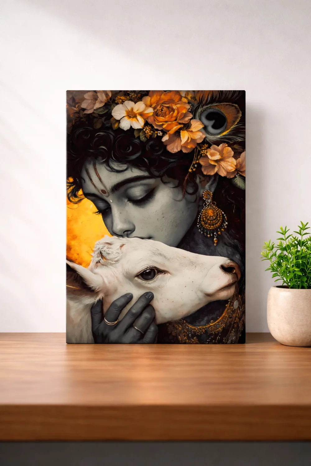 Golden Devotion – Krishna & Calf Artistic Metal Wall Art — Religious metal print wall art on aluminium