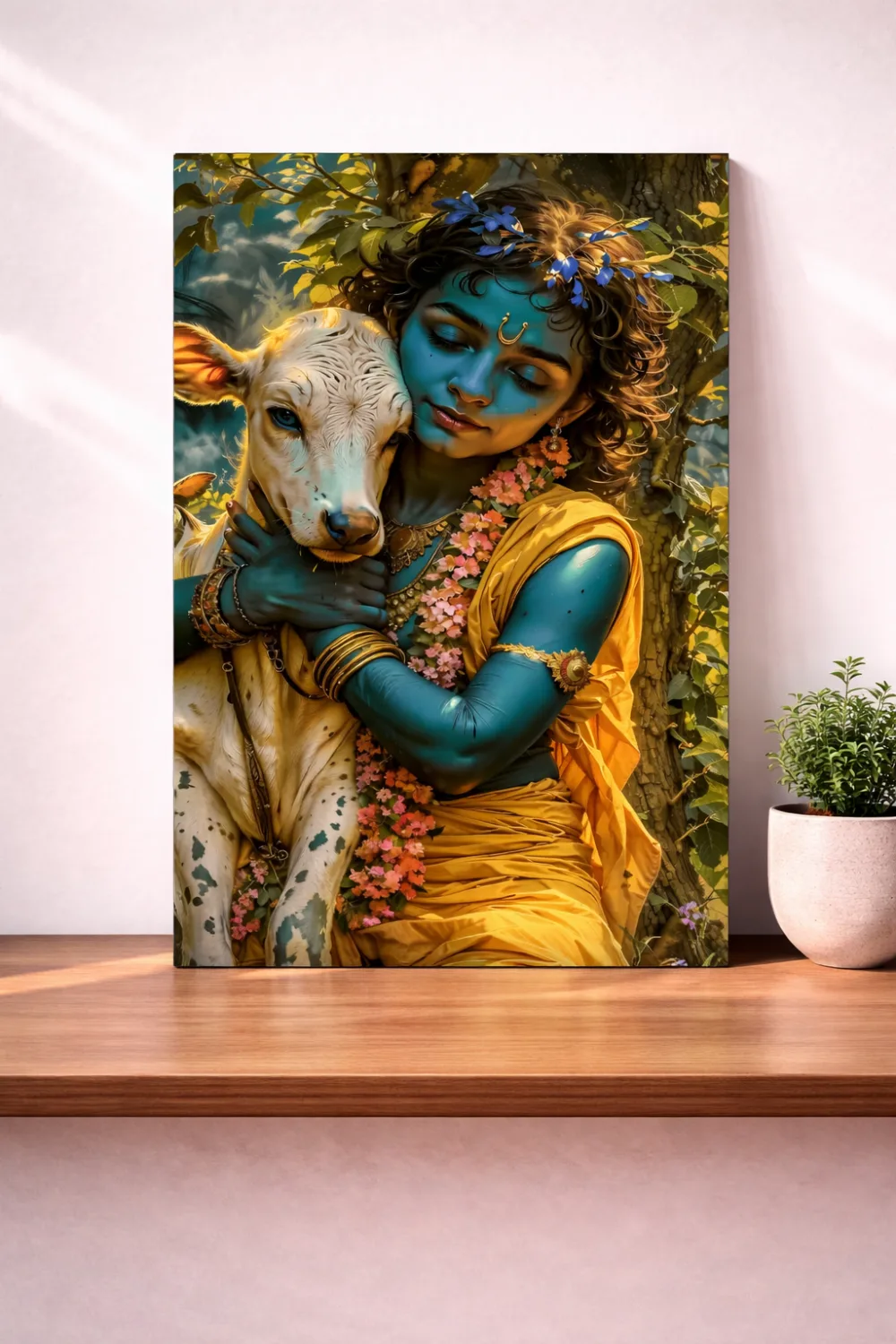 Divine Serenity – Krishna with Calf Premium Metal Wall Art — Religious metal print wall art on aluminium