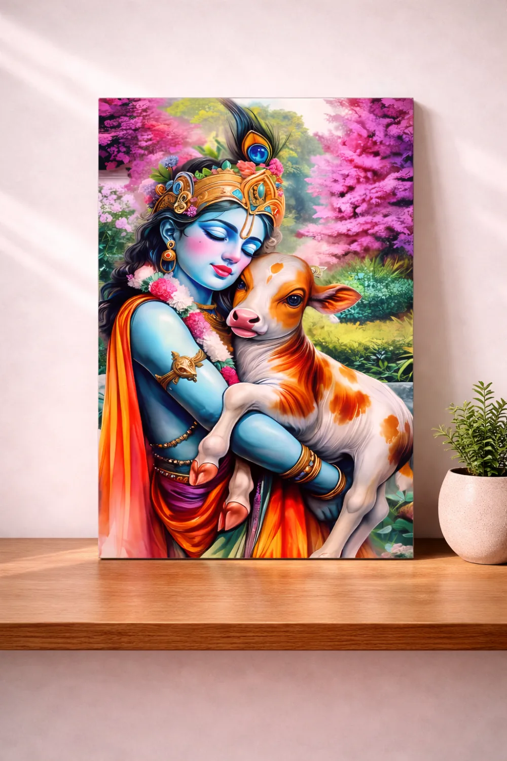 Krishna’s Divine Love – Sacred Bond with Calf metal print — Religious metal print wall art on aluminium