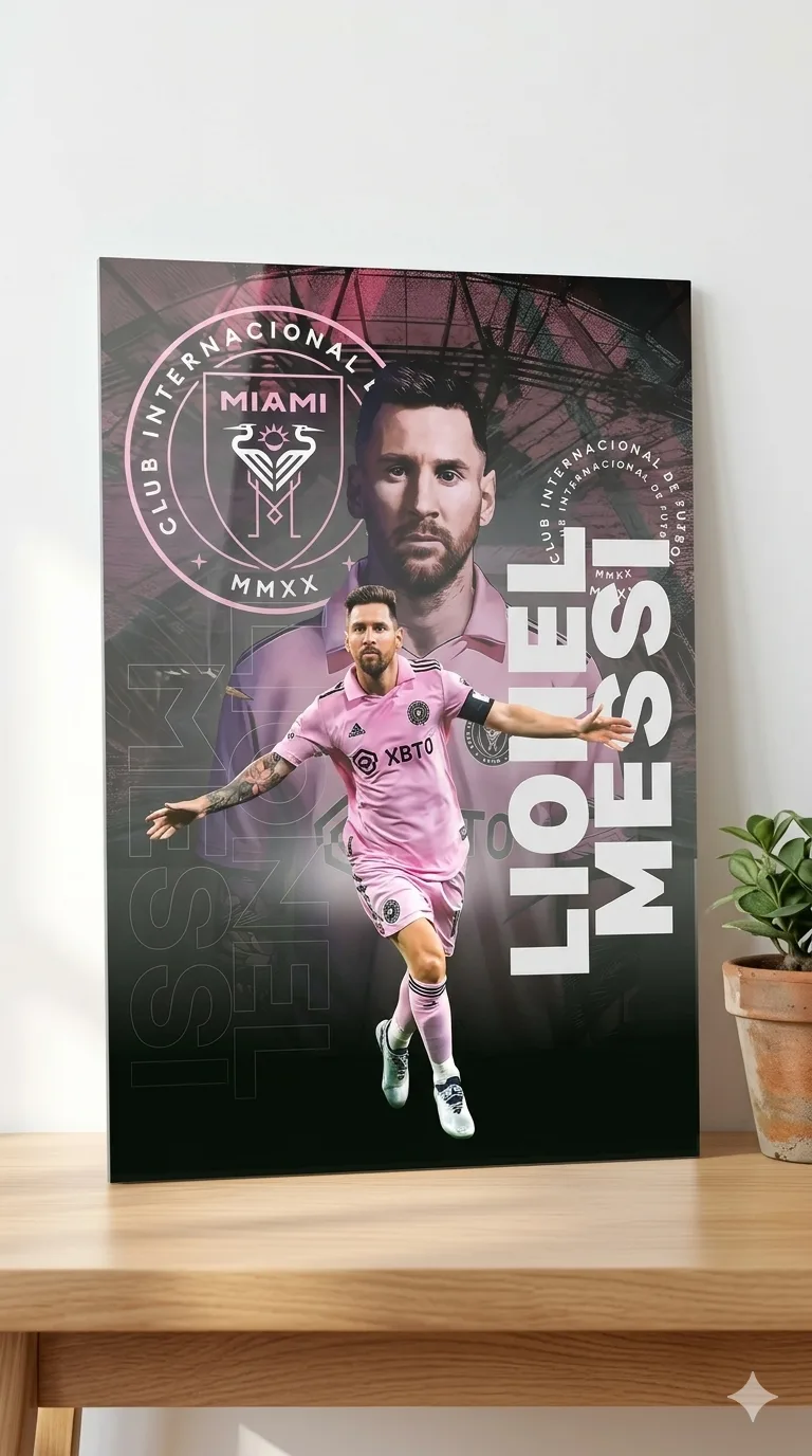 Lionel Messi Inter Miami Metallic Wall Art Print Decor — Football metal print wall art on aluminium