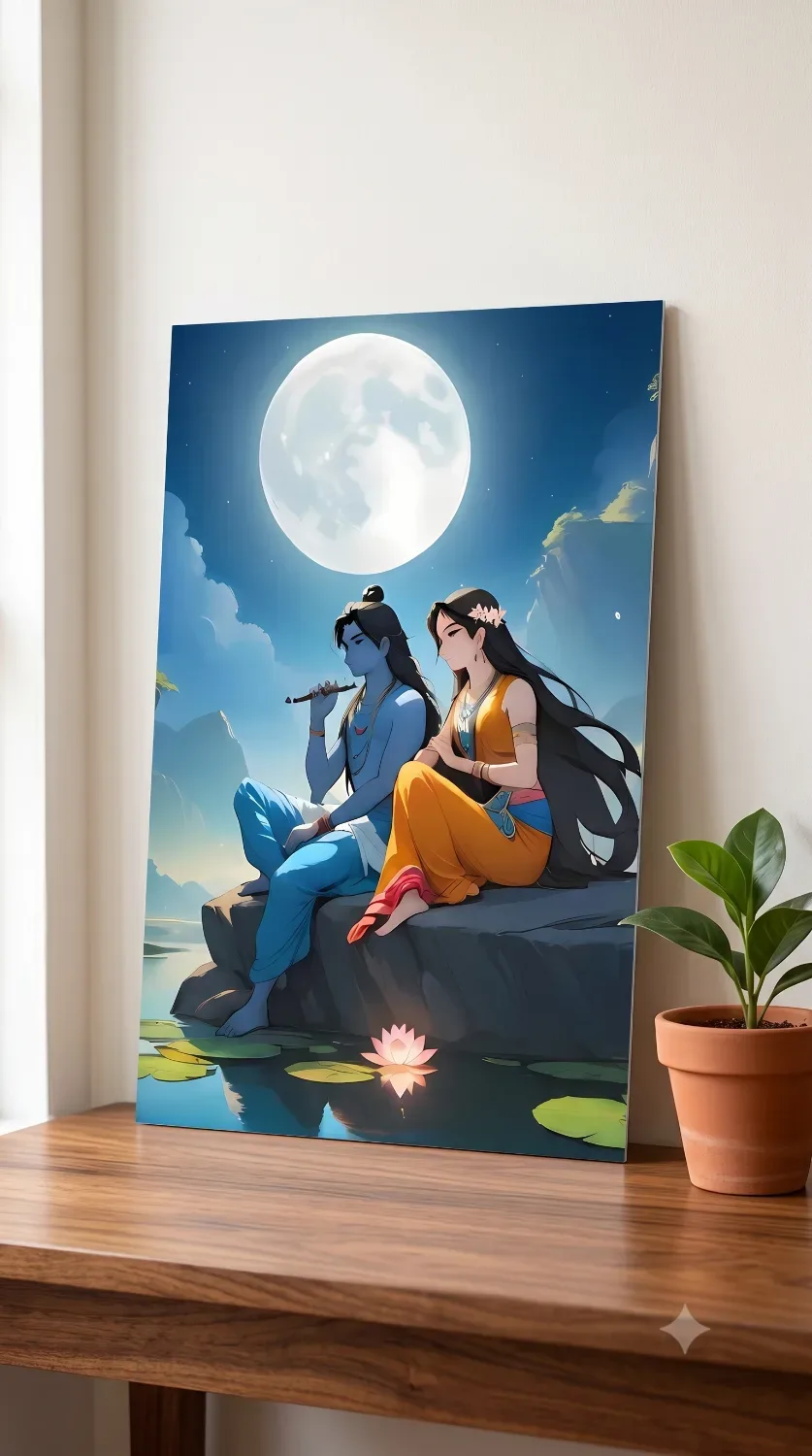 Radha Krishna Moonlight Metallic Wall Art — Religious metal print wall art India