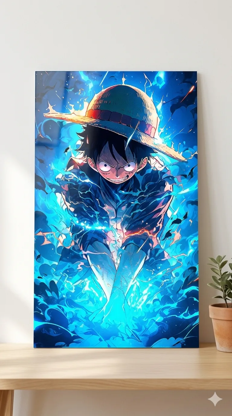 Luffy Blue Energy Metallic Wall Art Print – Anime Decor — Anime metal print wall art on aluminium
