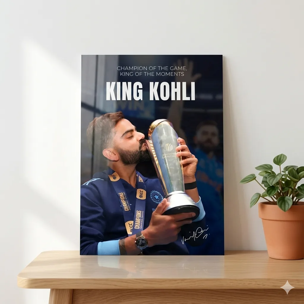Virat Kohli King Poster – Champion Trophy Metal Wall Art — Cricket metal print wall art on aluminium