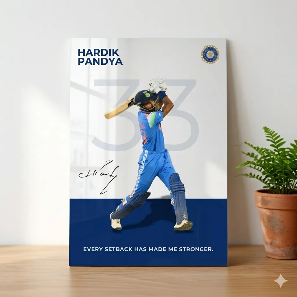 Hardik Pandya Wall Art “Every Setback Has Made Me Stronger” — Cricket metal print wall art on aluminium