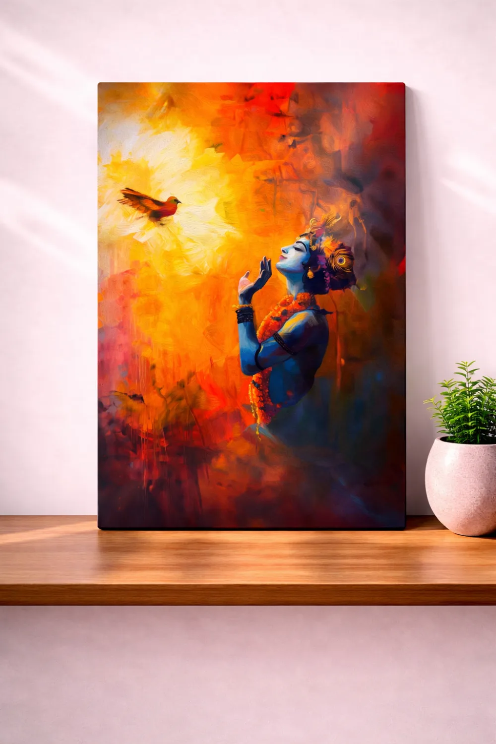 Divine Radiance – Krishna in Golden Serenity Metal Wall Art — Religious metal print wall art on aluminium