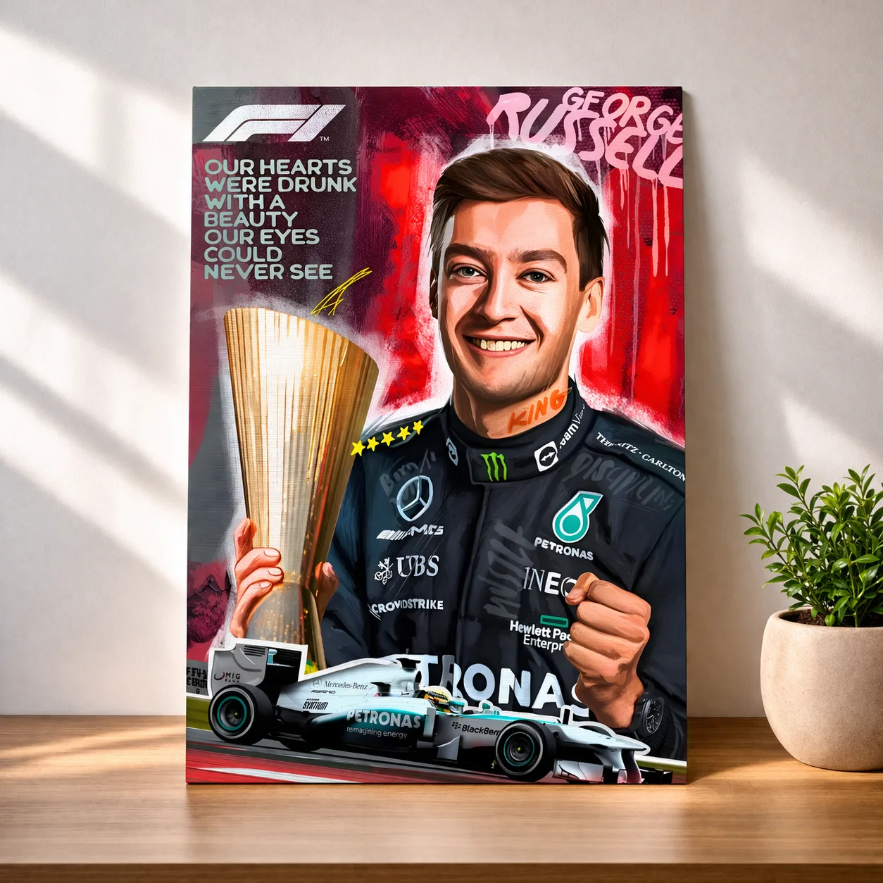 George Russell F1 Champion Trophy Racing Wall Art — Cars metal print wall art India